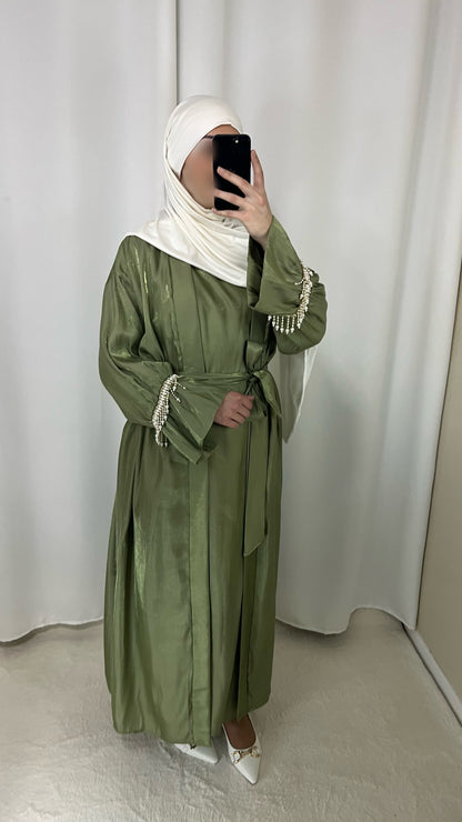 Abaya + sous robe à perles kaki